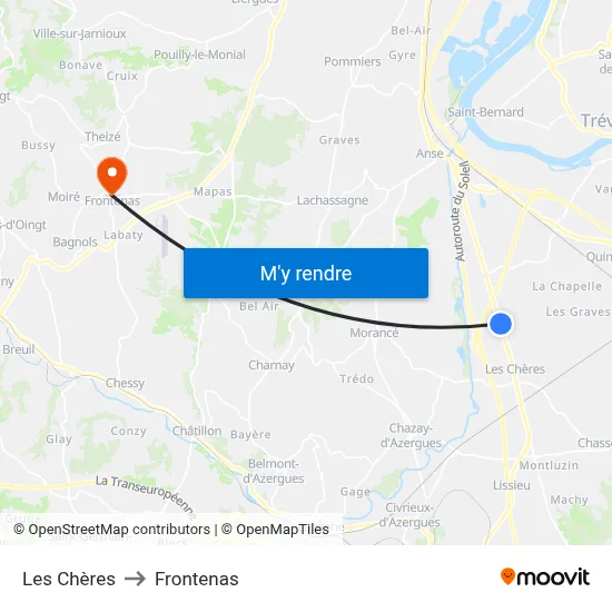 Les Chères to Frontenas map