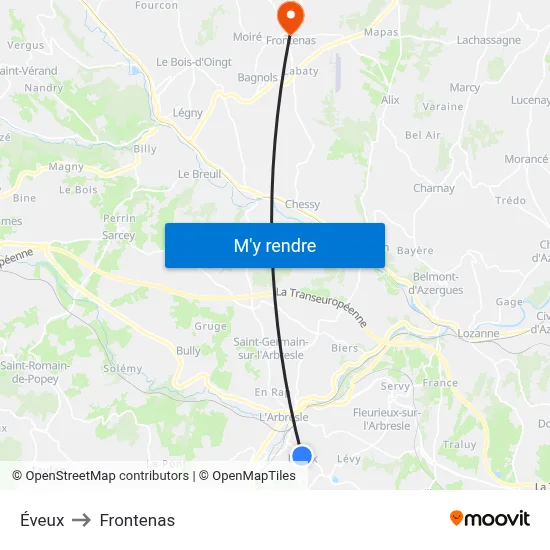 Éveux to Frontenas map
