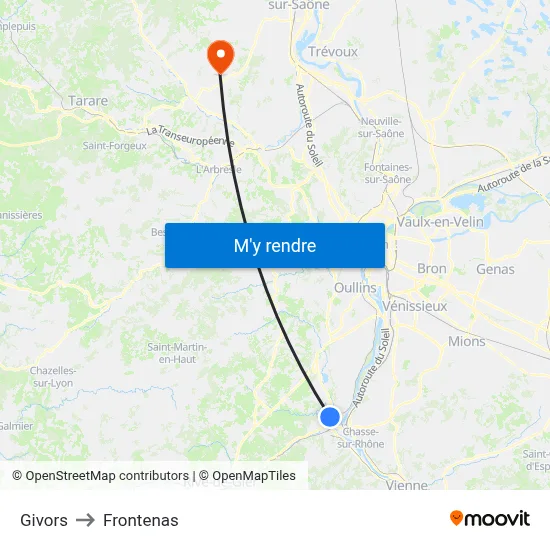 Givors to Frontenas map