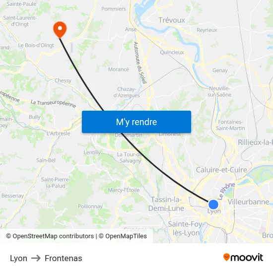 Lyon to Frontenas map