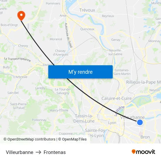 Villeurbanne to Frontenas map