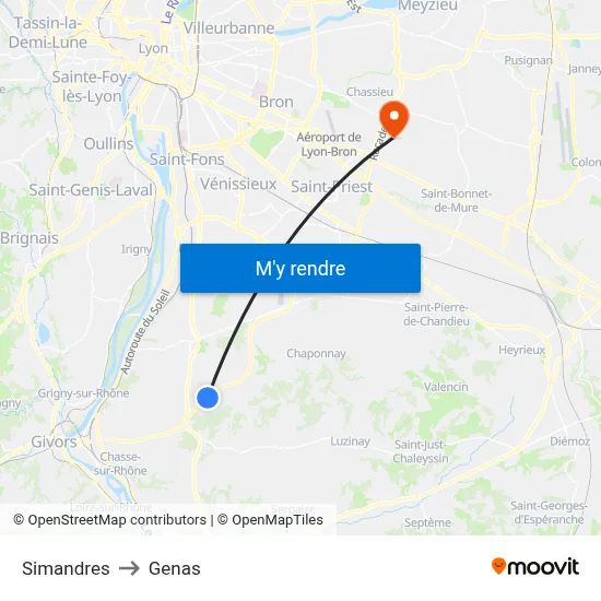 Simandres to Genas map