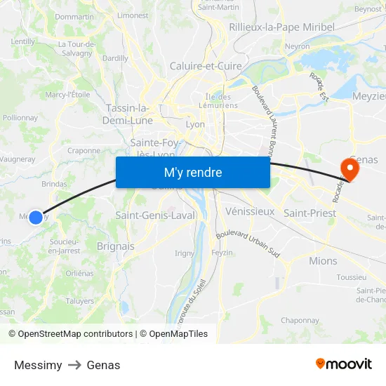 Messimy to Genas map