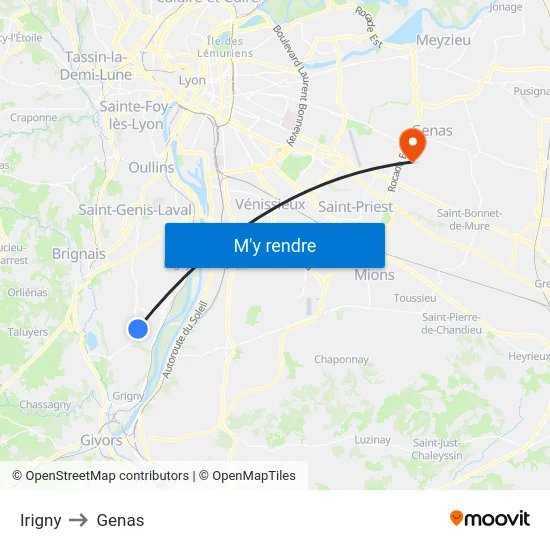 Irigny to Genas map