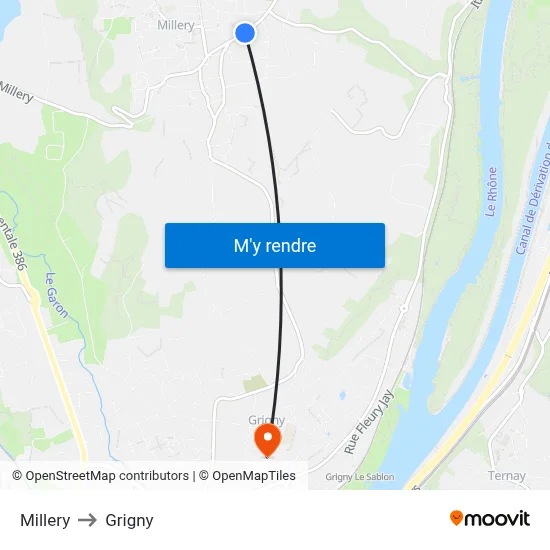 Millery to Grigny map