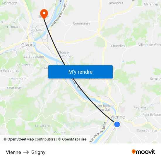 Vienne to Grigny map