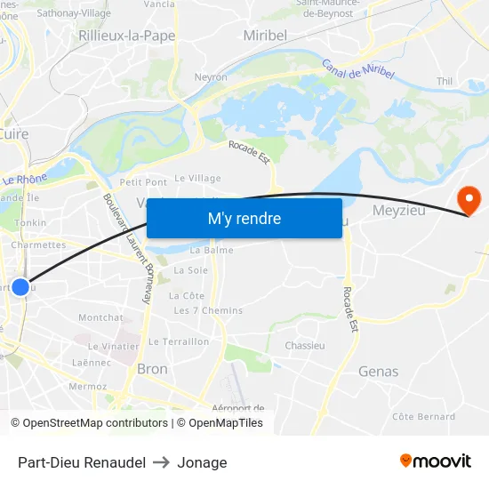 Part-Dieu Renaudel to Jonage map