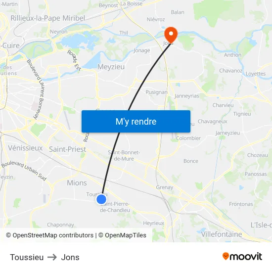 Toussieu to Jons map