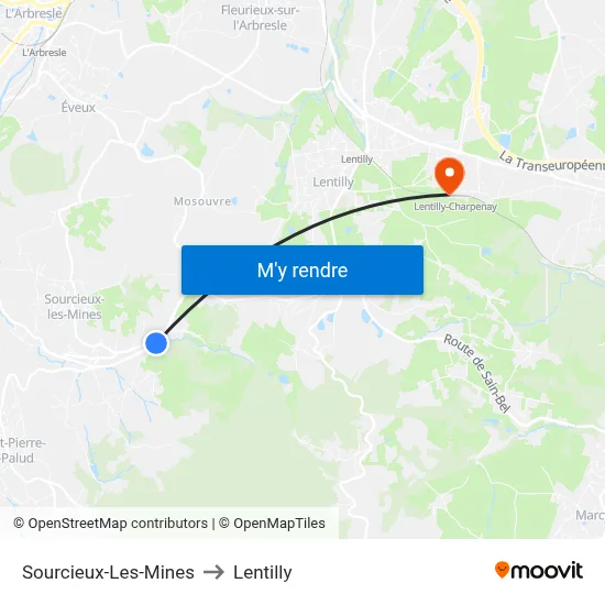 Sourcieux-Les-Mines to Lentilly map