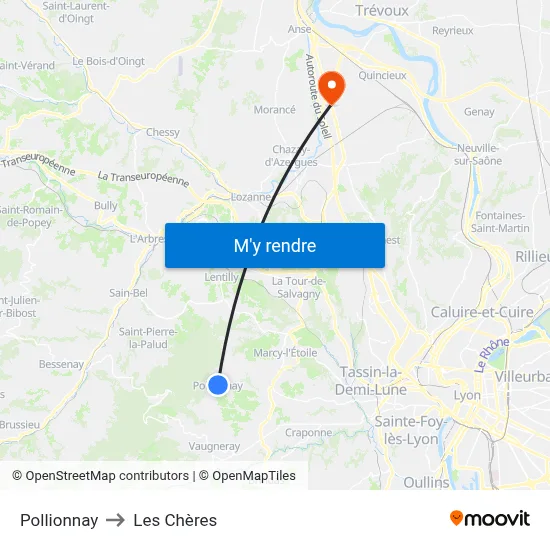 Pollionnay to Les Chères map