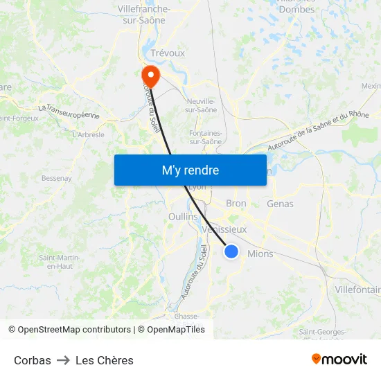 Corbas to Les Chères map