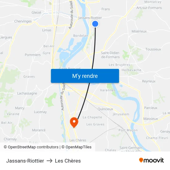 Jassans-Riottier to Les Chères map