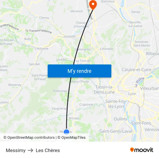 Messimy to Les Chères map
