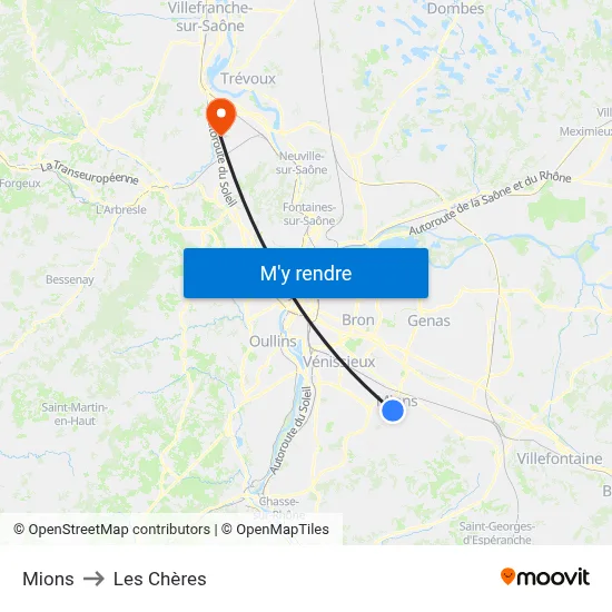 Mions to Les Chères map