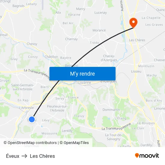 Éveux to Les Chères map