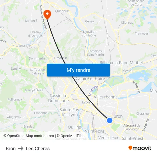 Bron to Les Chères map