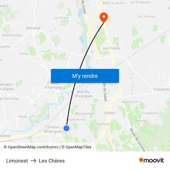 Limonest to Les Chères map
