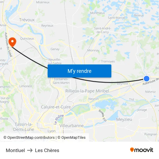 Montluel to Les Chères map