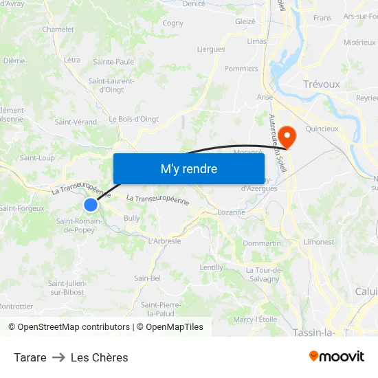 Tarare to Les Chères map