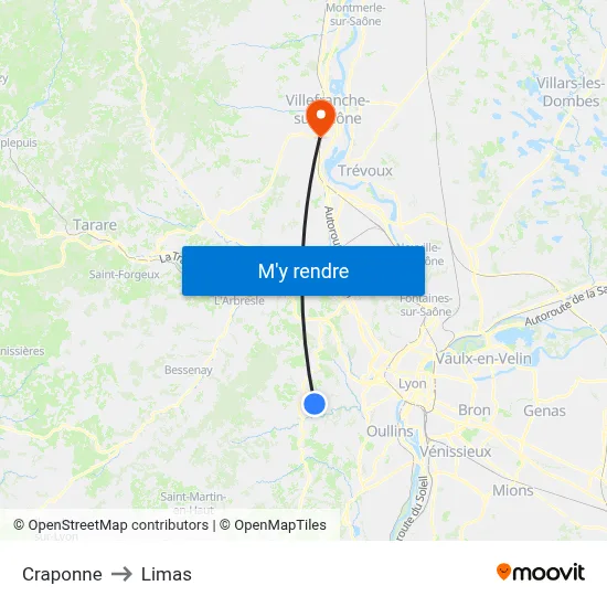 Craponne to Limas map