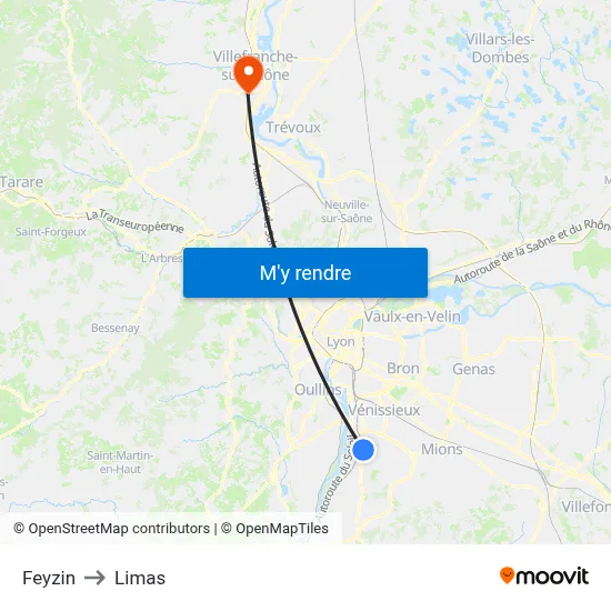 Feyzin to Limas map