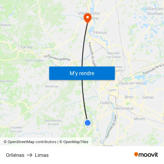 Orliénas to Limas map