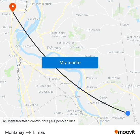 Montanay to Limas map