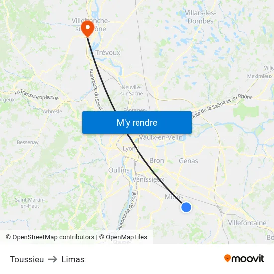 Toussieu to Limas map
