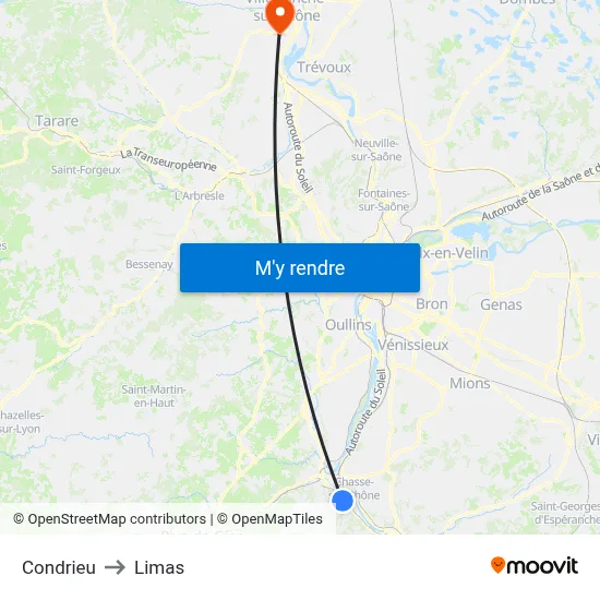Condrieu to Limas map