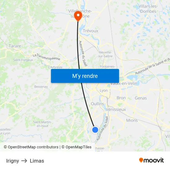 Irigny to Limas map