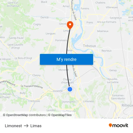 Limonest to Limas map