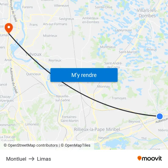 Montluel to Limas map
