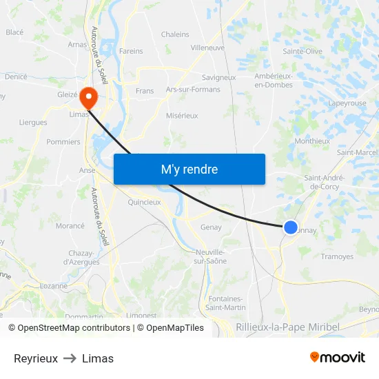 Reyrieux to Limas map