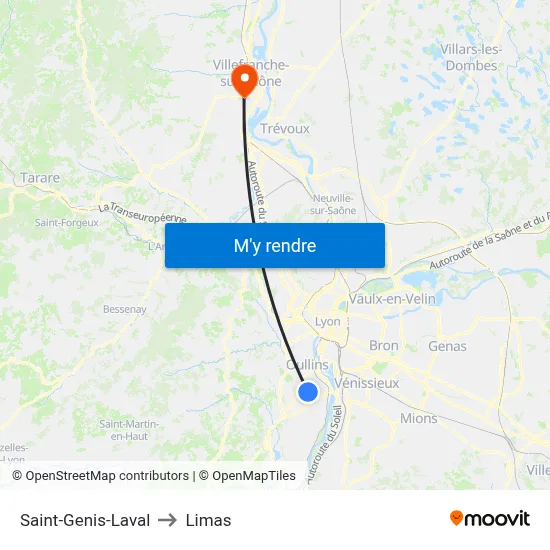 Saint-Genis-Laval to Limas map