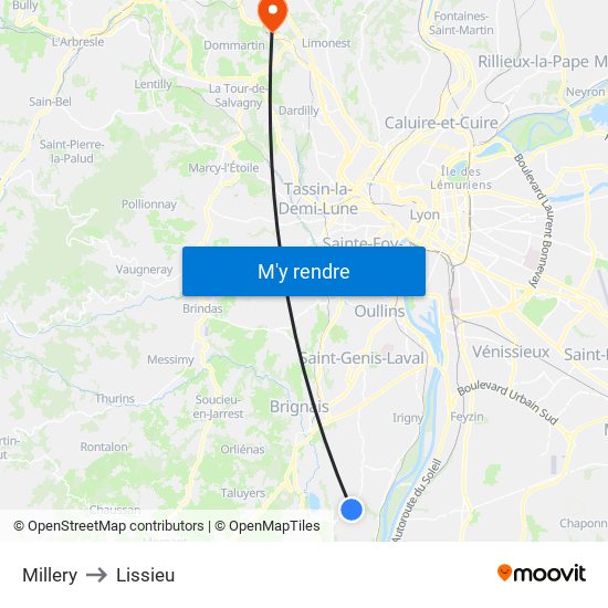 Millery to Lissieu map