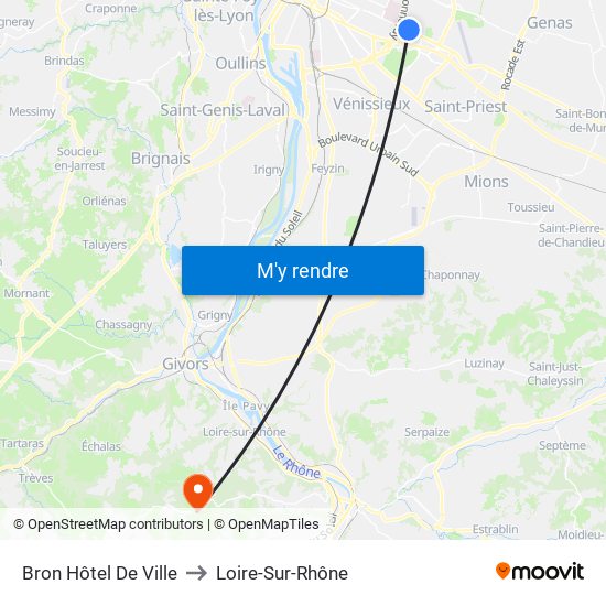 Bron Hôtel De Ville to Loire-Sur-Rhône map
