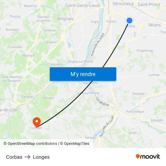 Corbas to Longes map