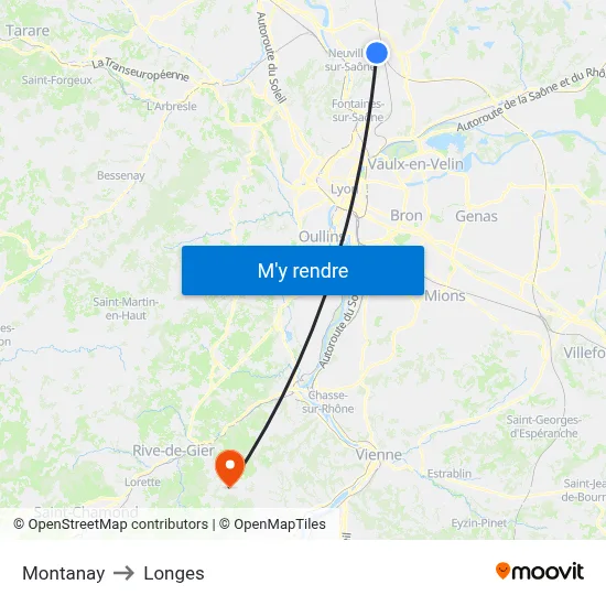 Montanay to Longes map