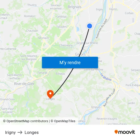 Irigny to Longes map
