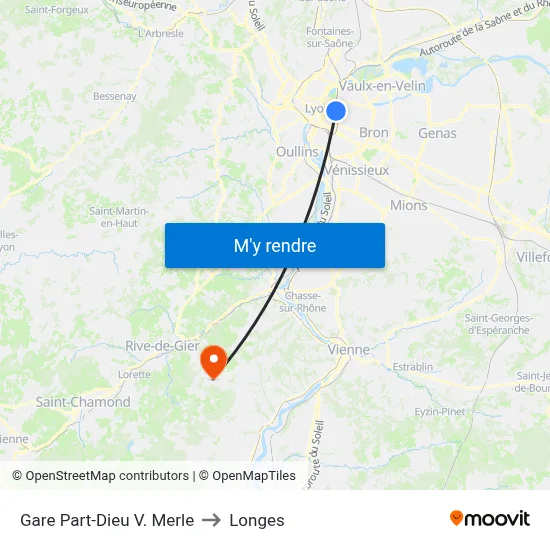 Gare Part-Dieu V. Merle to Longes map