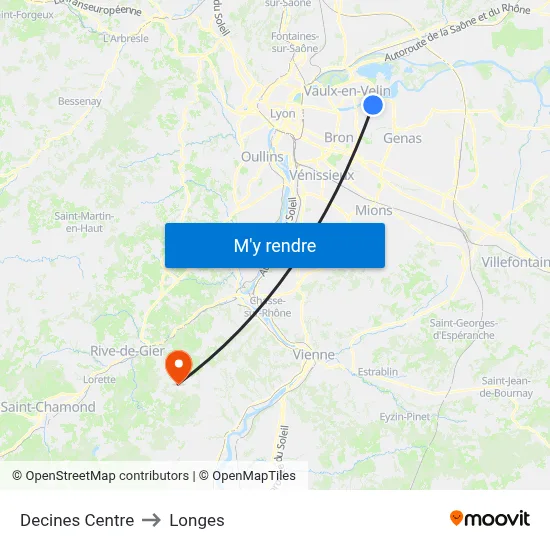 Decines Centre to Longes map