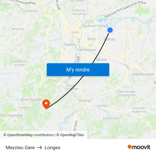 Meyzieu Gare to Longes map