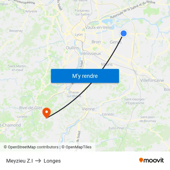 Meyzieu Z.I to Longes map