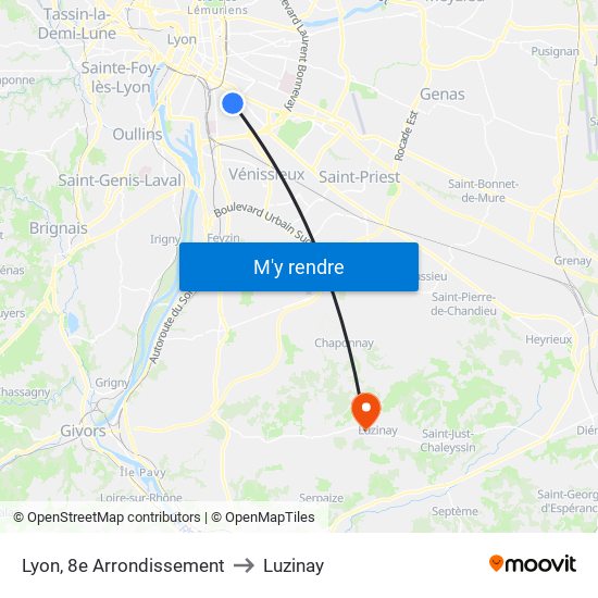 Lyon, 8e Arrondissement to Luzinay map