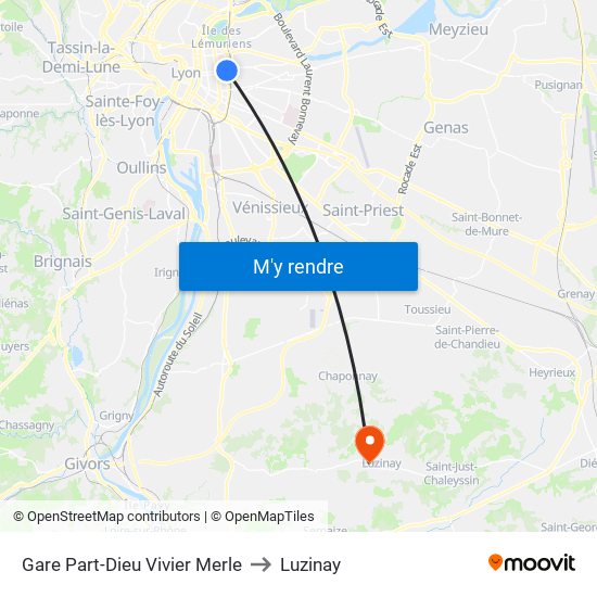 Gare Part-Dieu Vivier Merle to Luzinay map