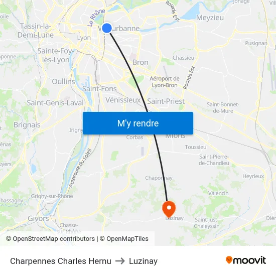 Charpennes Charles Hernu to Luzinay map