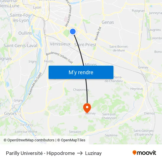 Parilly Université - Hippodrome to Luzinay map