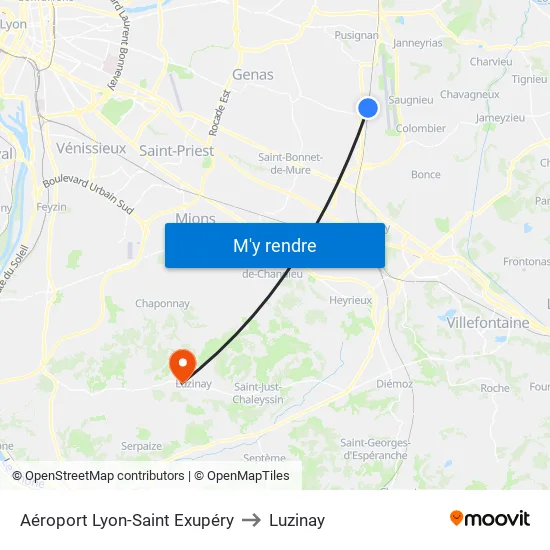 Aéroport Lyon-Saint Exupéry to Luzinay map