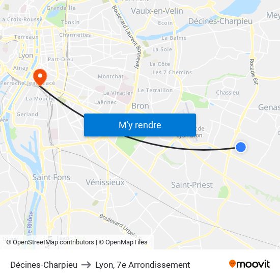 Décines-Charpieu to Lyon, 7e Arrondissement map