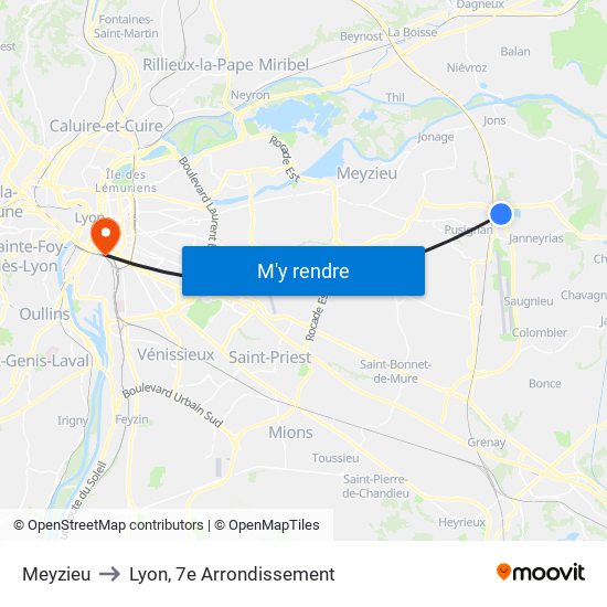 Meyzieu to Lyon, 7e Arrondissement map